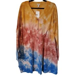 LOGO by Lori Goldstein Tie Dye Cardigan Sweater XL 100% Cotton V Neck Pockets